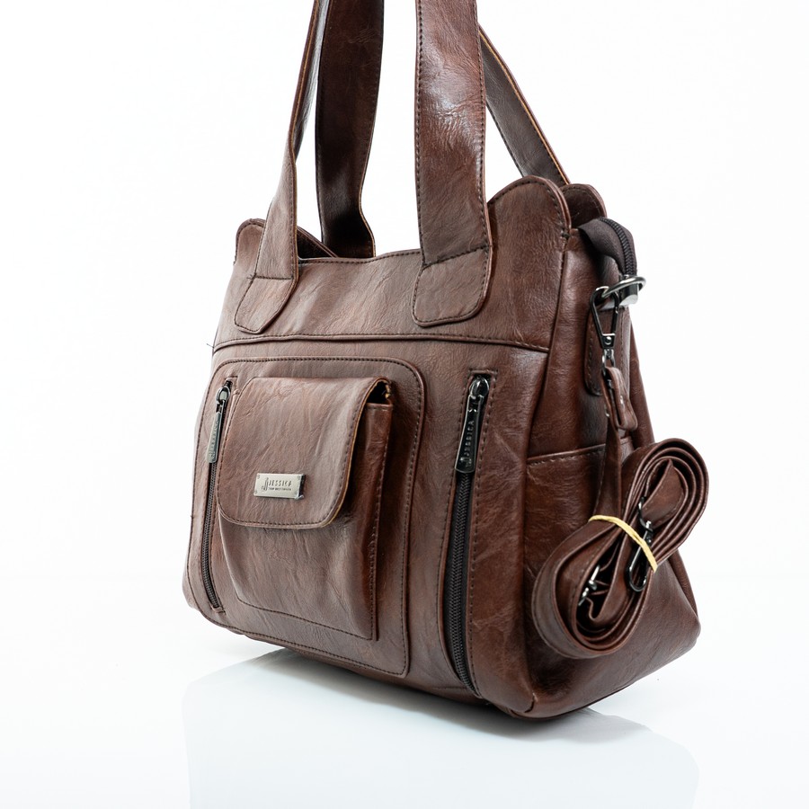 شنطة حريمي جلد إيطالي مستورد بني هاند وكروس بجيوب متعددة مقاس 25×30